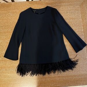 STUNNING AND FESTIVE! Escada Feather Hem Black Blouse Top, Size 36